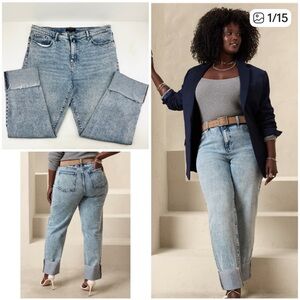 Banana Republic Slouch Mom Jeans Fold Raw Hem Cuff Light Acid Wash Blue